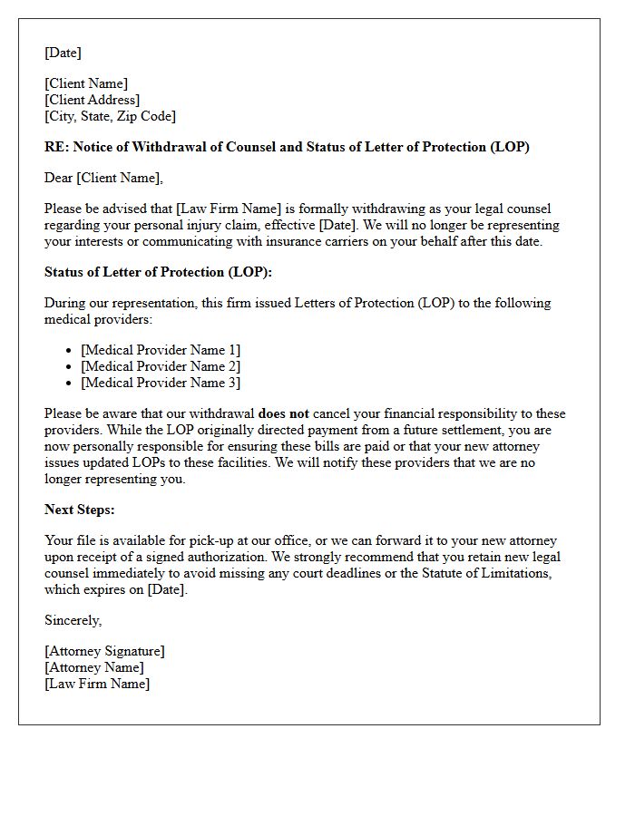 Client Notice Letter Regarding Withdrawal of Counsel and Letter of Protection Status