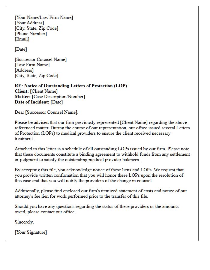 Letter to Successor Counsel Regarding Existing Letter of Protection Status