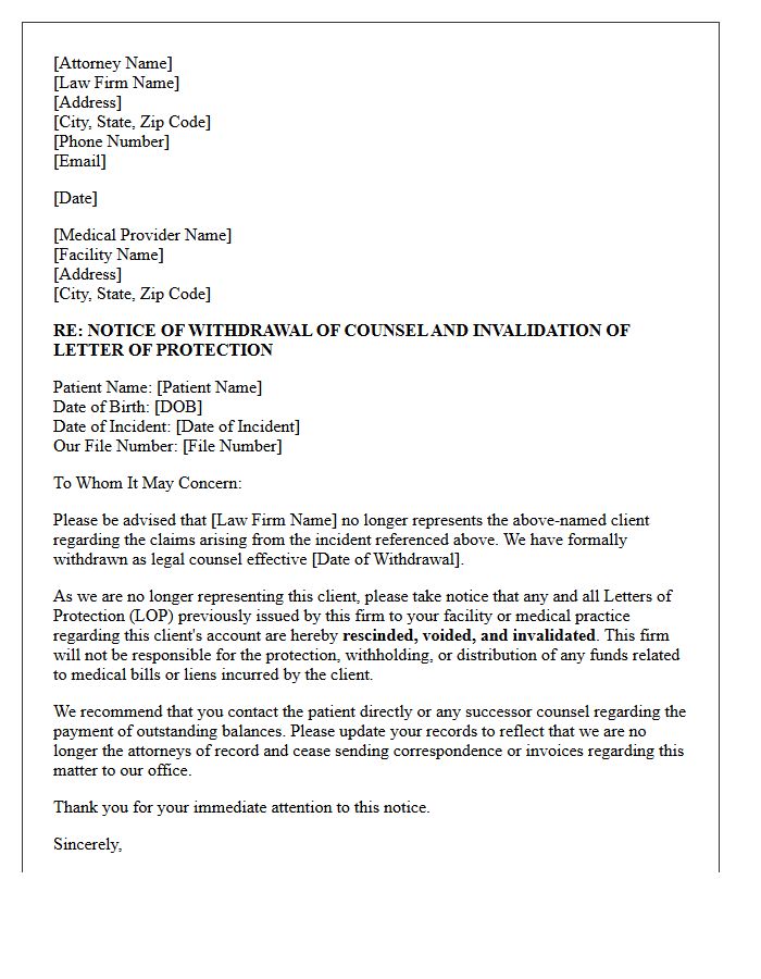 Notice of Attorney Withdrawal and Letter of Protection Invalidation Letter