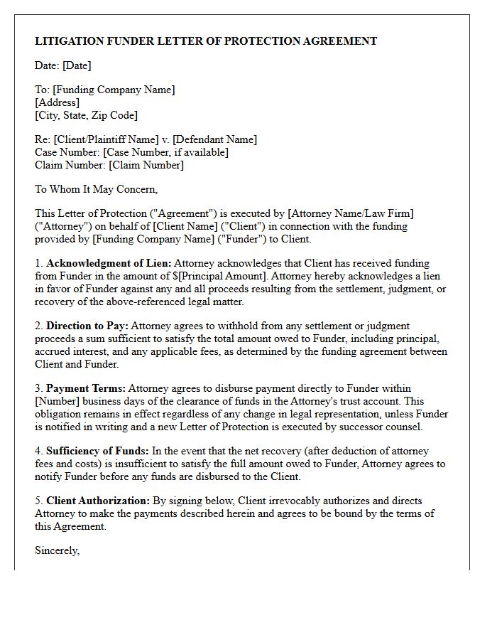 Litigation Funder Letter of Protection Agreement
