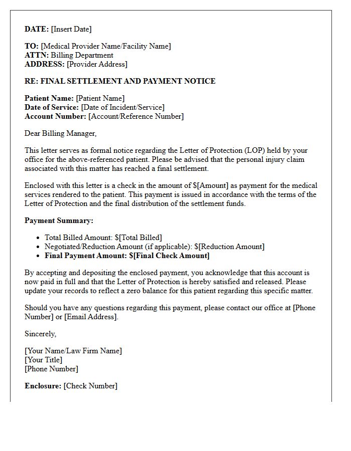 Final Settlement Letter of Protection Payment Notice