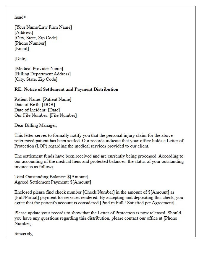 Post-Settlement Letter of Protection Notification Letter