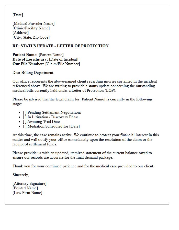 Medical Provider Letter of Protection Status Update Letter