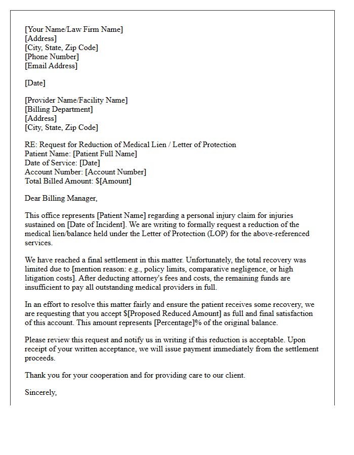 Letter of Protection Balance Reduction Request Letter