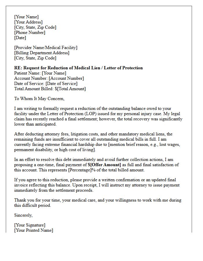 Post-Settlement Letter of Protection Hardship Reduction Letter