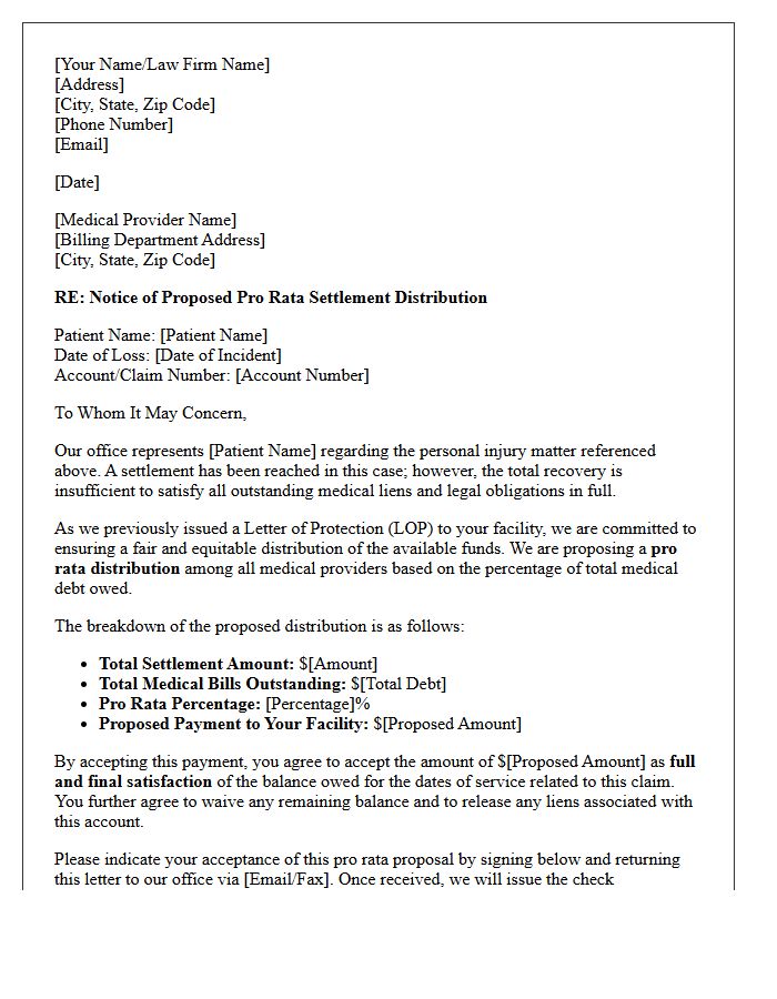 Pro Rata Distribution Letter of Protection Proposal Letter