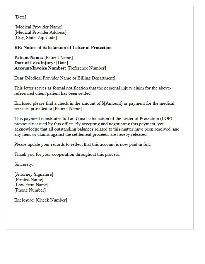 Post-Settlement Letter of Protection Satisfaction Letter