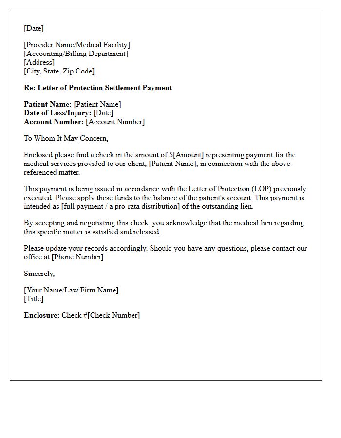 Letter of Protection Settlement Check Enclosure Letter