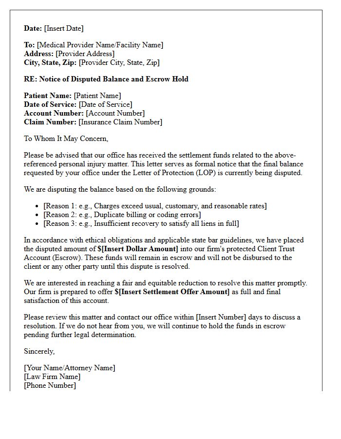 Disputed Letter of Protection Balance Escrow Hold Letter