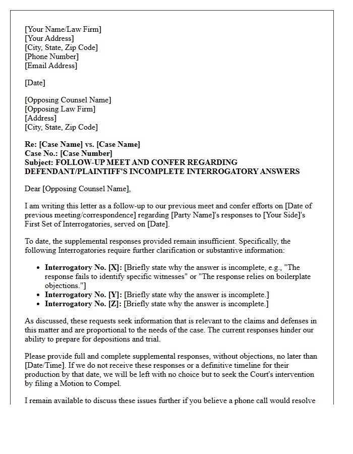 Follow-Up Meet And Confer Letter Addressing Incomplete Interrogatory Answers