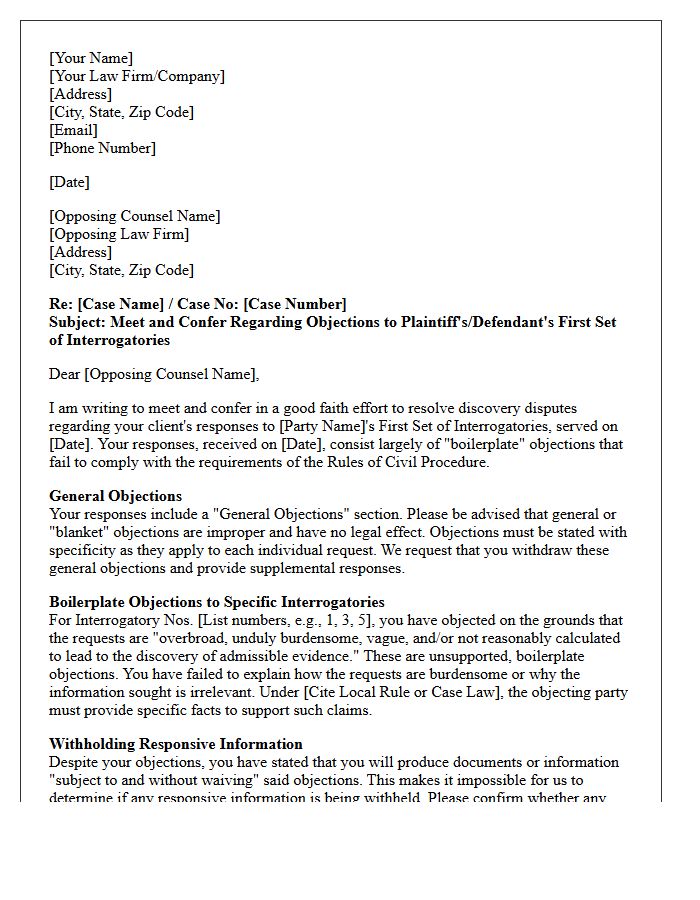 Formal Meet And Confer Letter Challenging Boilerplate Interrogatory Objections