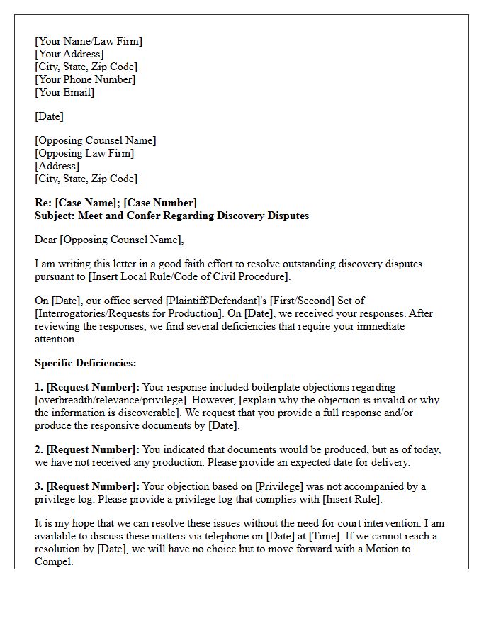 Draft Meet And Confer Letter To Opposing Counsel On Discovery Disputes