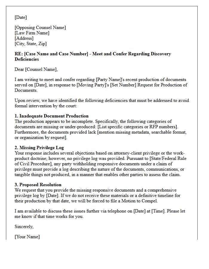Meet and Confer Letter Regarding Inadequate Document Production and Missing Privilege Logs