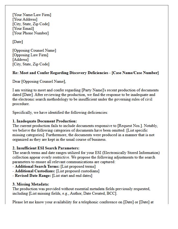 Meet and Confer Letter Regarding Inadequate Document Production and Electronic Search Parameters