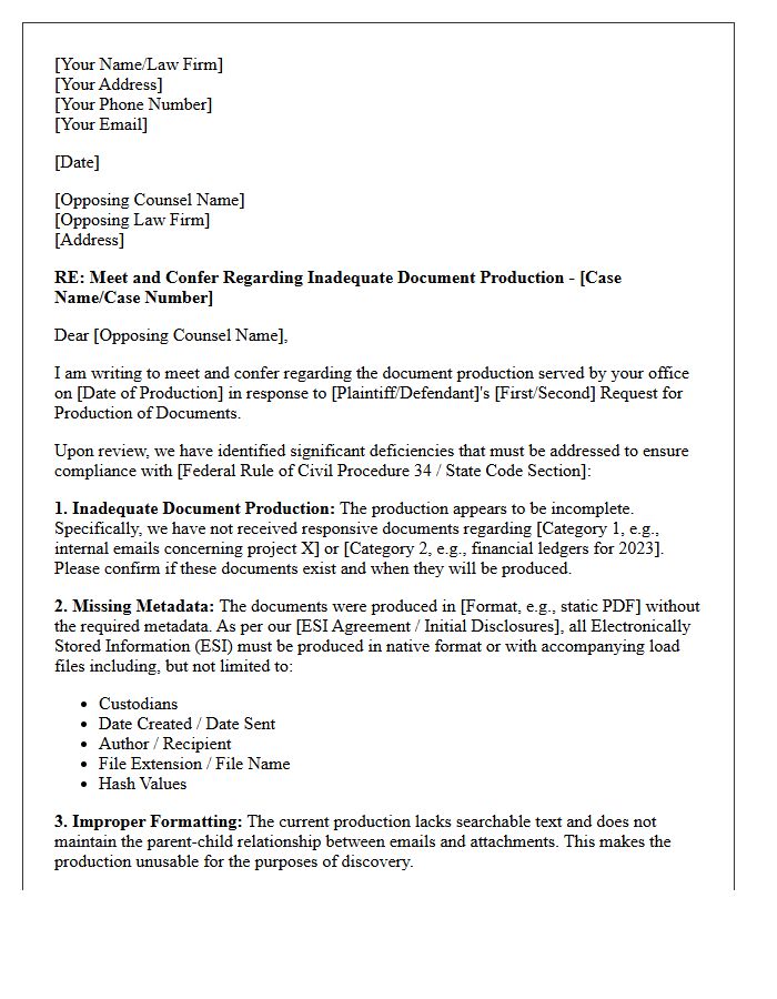 Meet and Confer Letter Regarding Inadequate Document Production and Missing Metadata