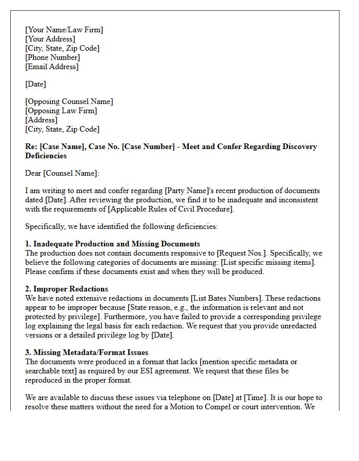 Meet and Confer Letter Regarding Inadequate Document Production and Improper Redactions