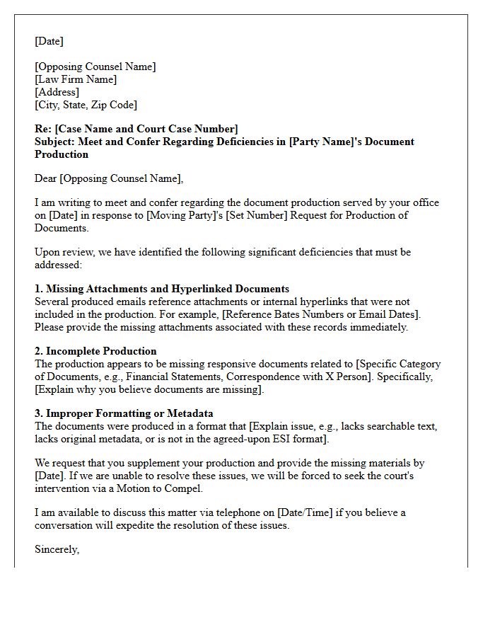 Meet and Confer Letter Regarding Inadequate Document Production and Missing Attachments