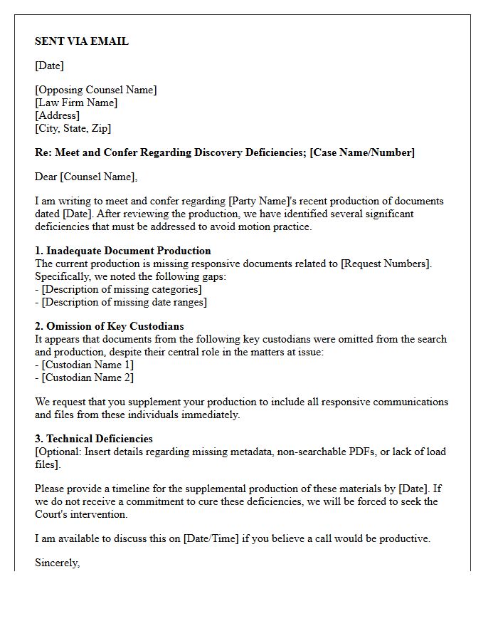 Meet and Confer Letter Regarding Inadequate Document Production and Custodian Omissions