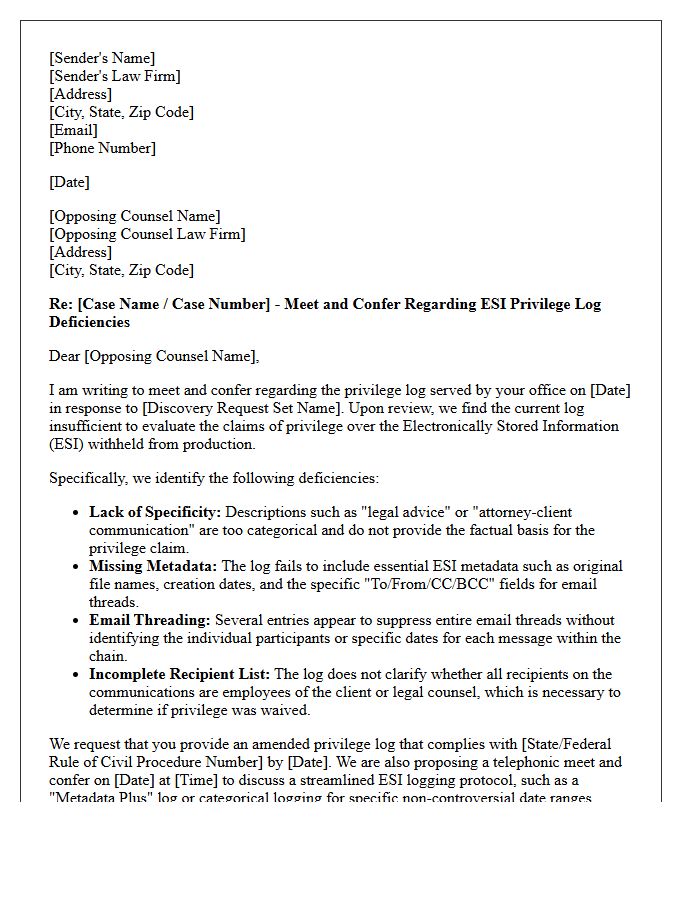 Meet and Confer Letter Regarding Electronically Stored Information Privilege Logs