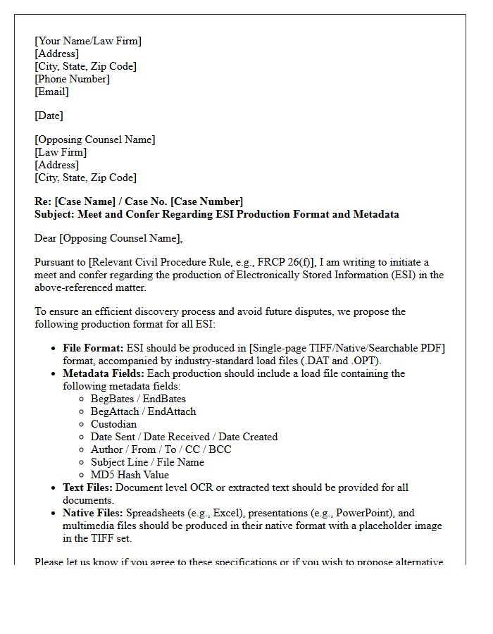 Meet and Confer Letter Regarding Electronically Stored Information Format and Metadata