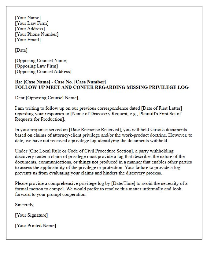 Follow-Up Meet and Confer Letter Regarding Missing Privilege Log