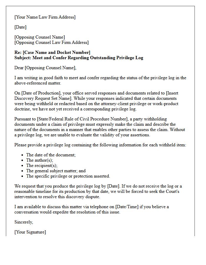 Good Faith Meet and Confer Letter Addressing Unproduced Privilege Log
