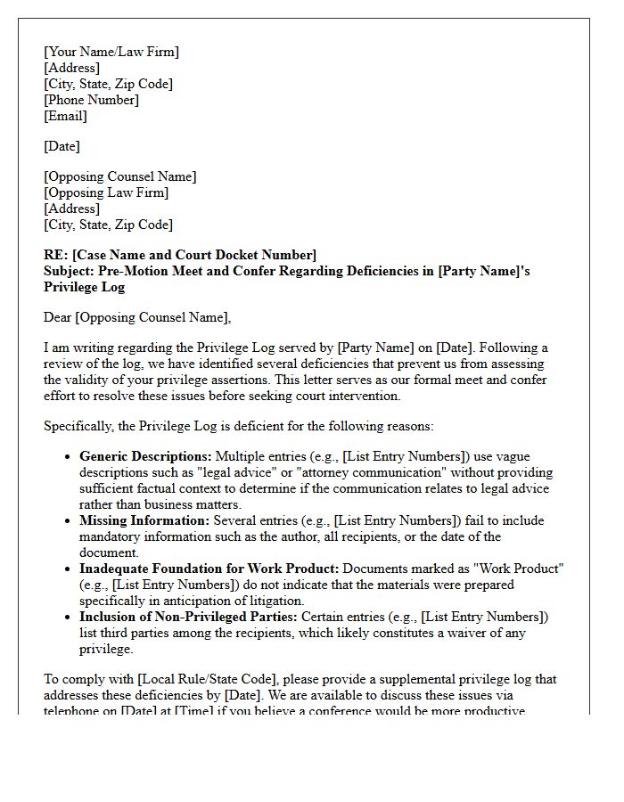 Pre-Motion Meet and Confer Letter Regarding Privilege Log Deficiency