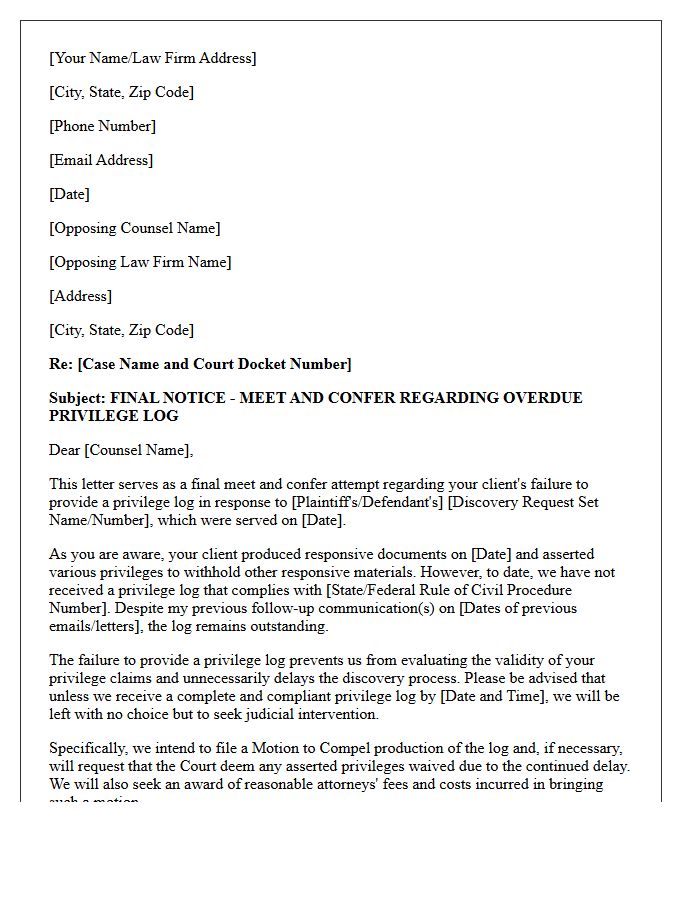 Final Notice Meet and Confer Letter for Overdue Privilege Log