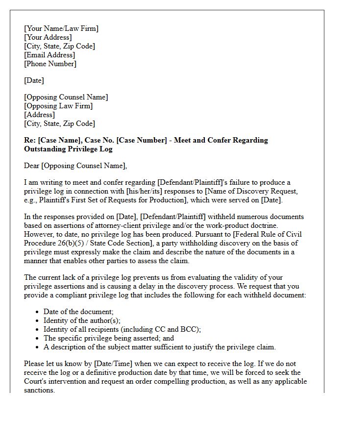 Discovery Dispute Meet and Confer Letter Regarding Privilege Log Production