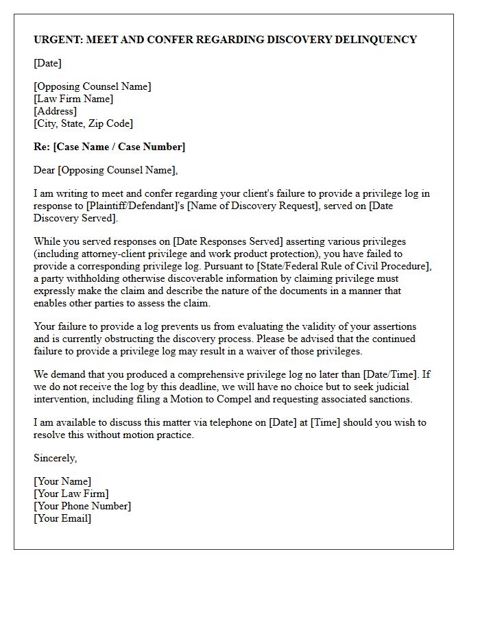 Urgent Meet and Confer Letter Demanding Outstanding Privilege Log