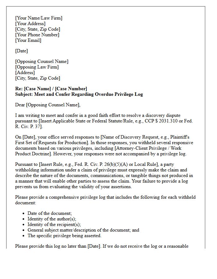 Statutory Meet and Confer Letter Regarding Failure to Provide a Privilege Log