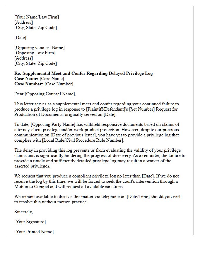 Supplemental Meet and Confer Letter for Delayed Privilege Log Compliance