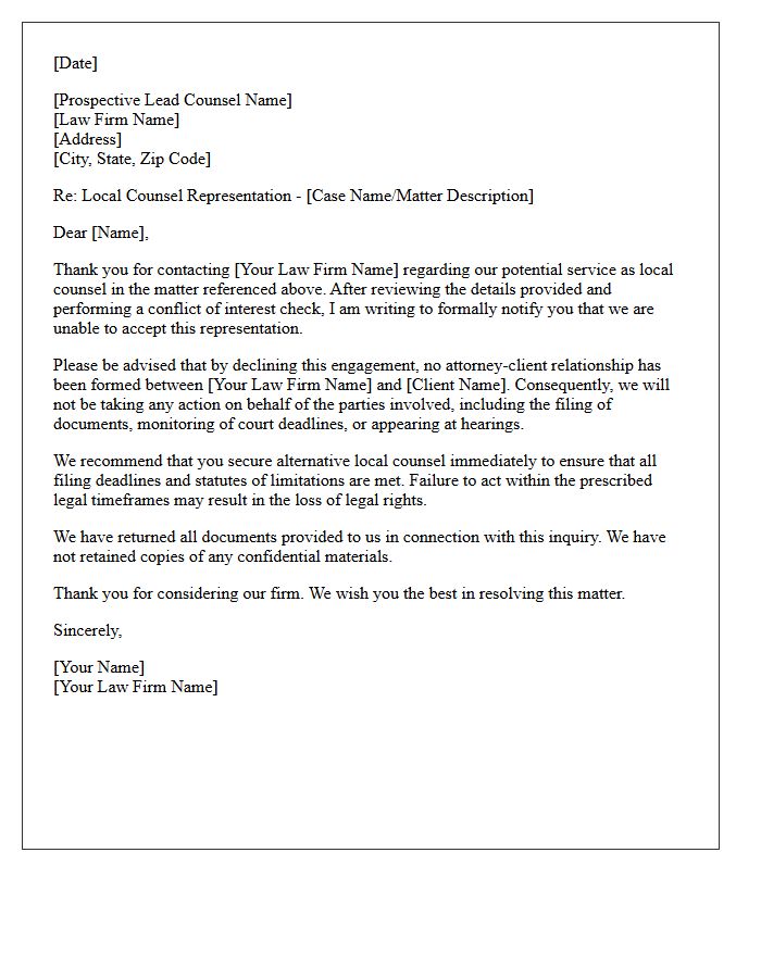 Standard Local Counsel Non-Engagement Letter