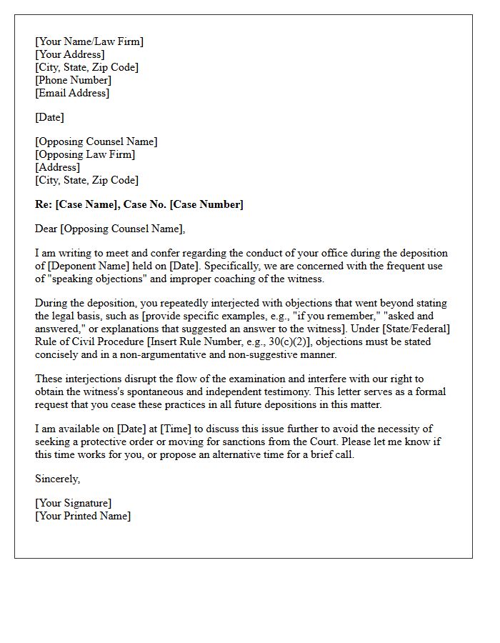 Meet and Confer Letter Regarding Speaking Objections During Deposition