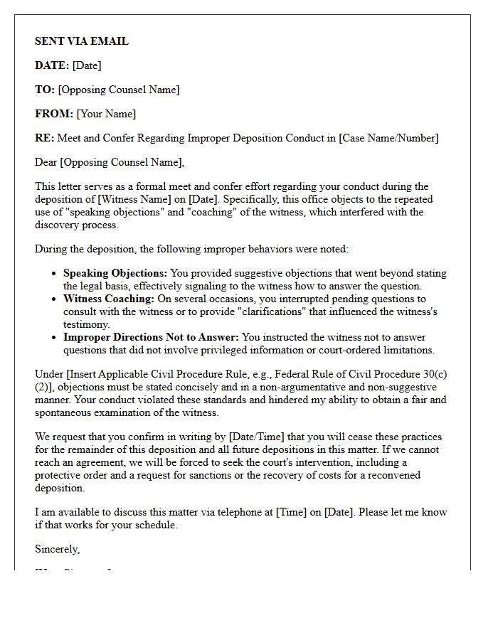 Meet and Confer Letter Regarding Witness Coaching and Improper Interruptions