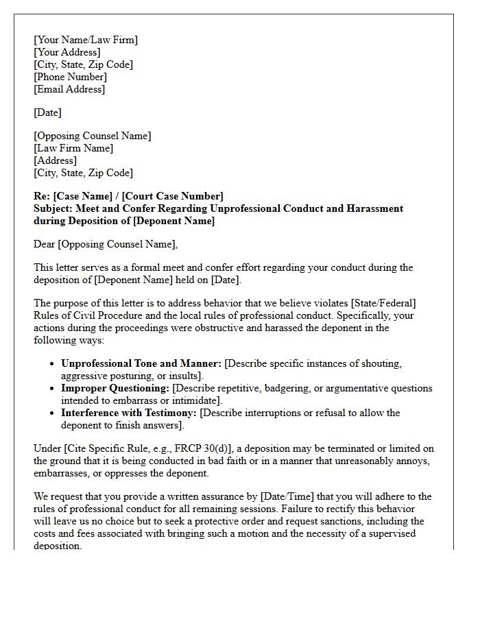 Meet and Confer Letter Regarding Unprofessional Conduct and Harassment of Deponent