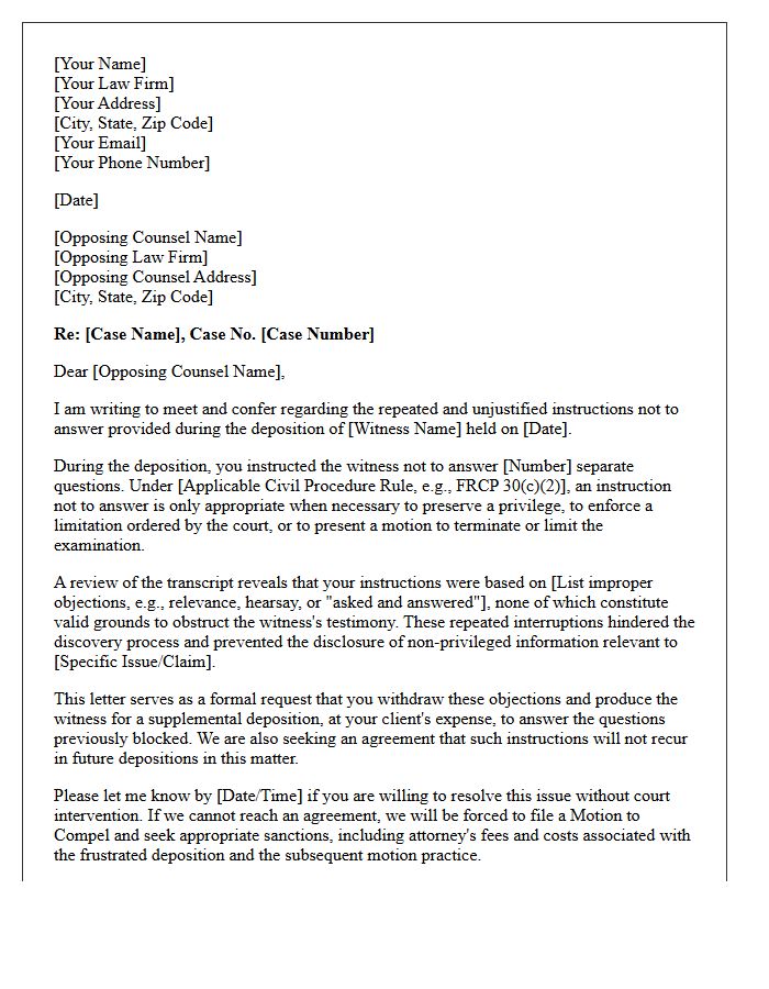 Meet and Confer Letter Regarding Repeated Unjustified Instructions Not to Answer