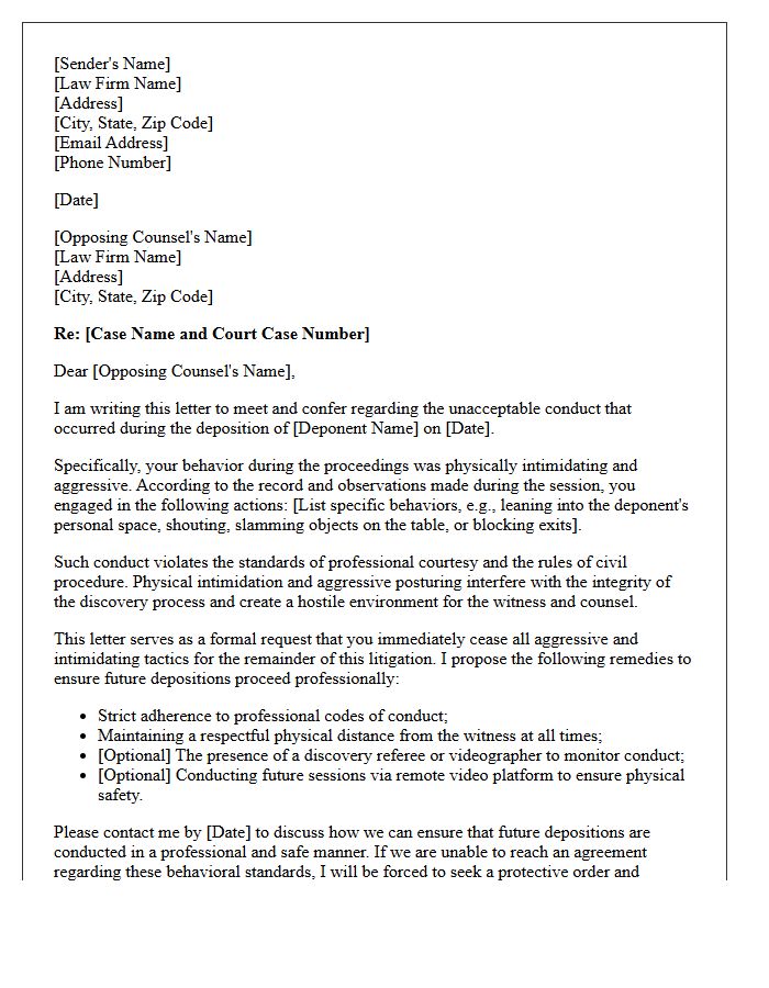 Meet and Confer Letter Regarding Physical Intimidation and Aggressive Behavior During Deposition