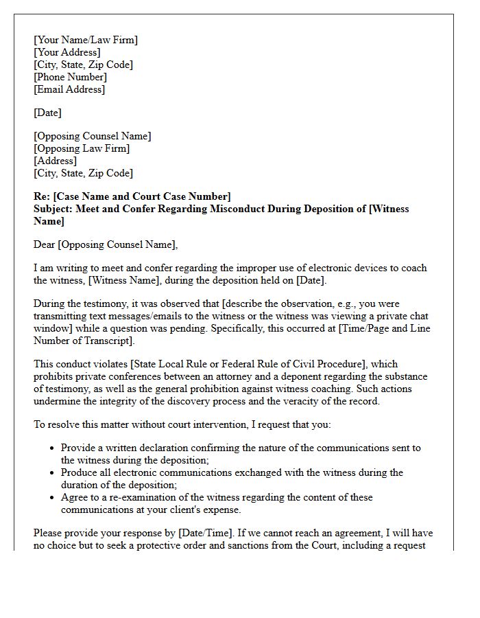Meet and Confer Letter Regarding Improper Use of Electronic Devices to Coach Witness