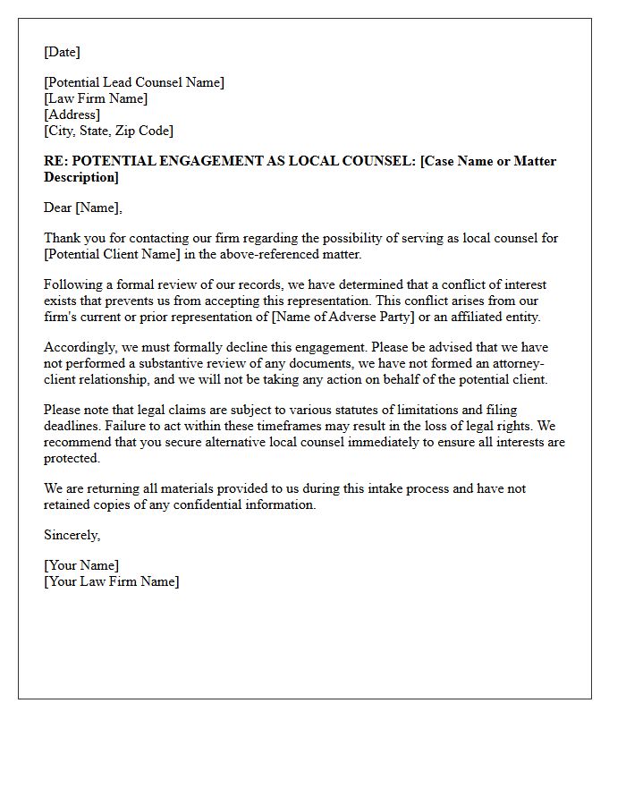 Conflict Of Interest Local Counsel Non-Engagement Letter