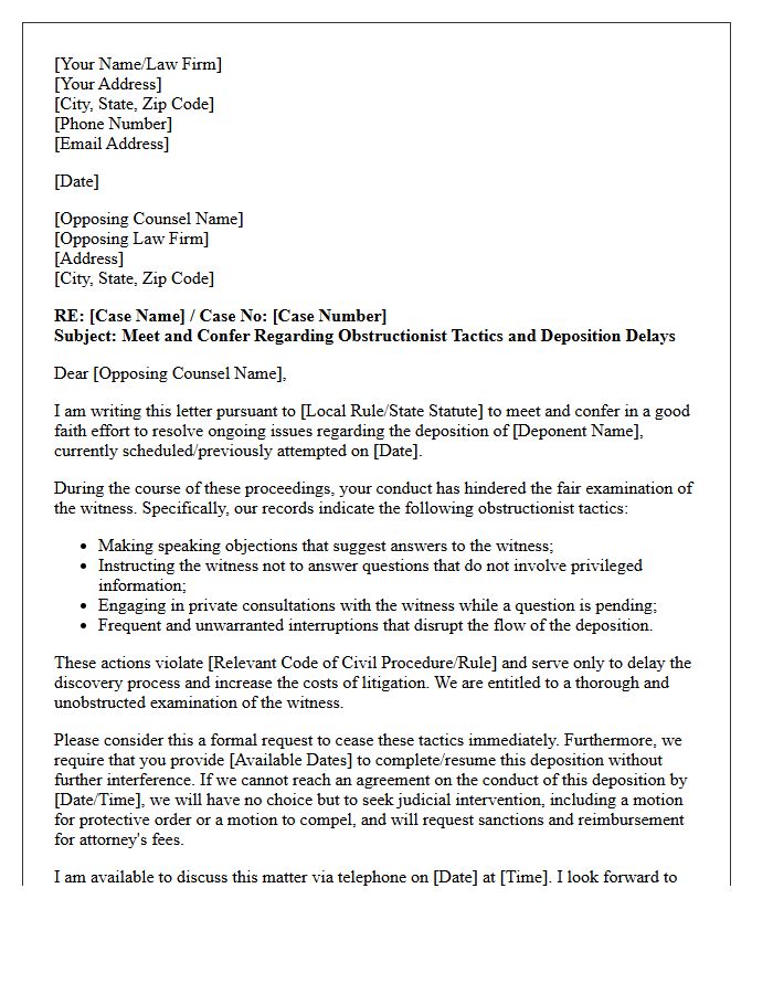 Meet and Confer Letter Regarding Obstructionist Tactics and Delaying Deposition Proceedings