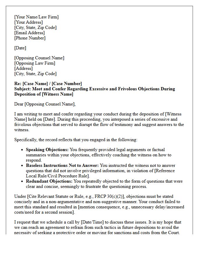 Meet and Confer Letter Regarding Excessive and Frivolous Objections on the Record