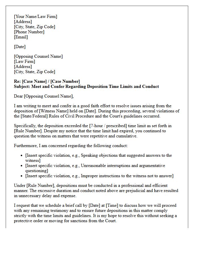 Meet and Confer Letter Regarding Violation of Deposition Time Limits and Guidelines