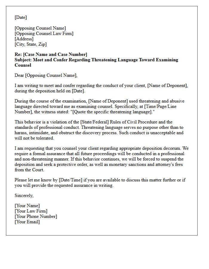 Meet and Confer Letter Regarding Threatening Language Toward Examining Counsel