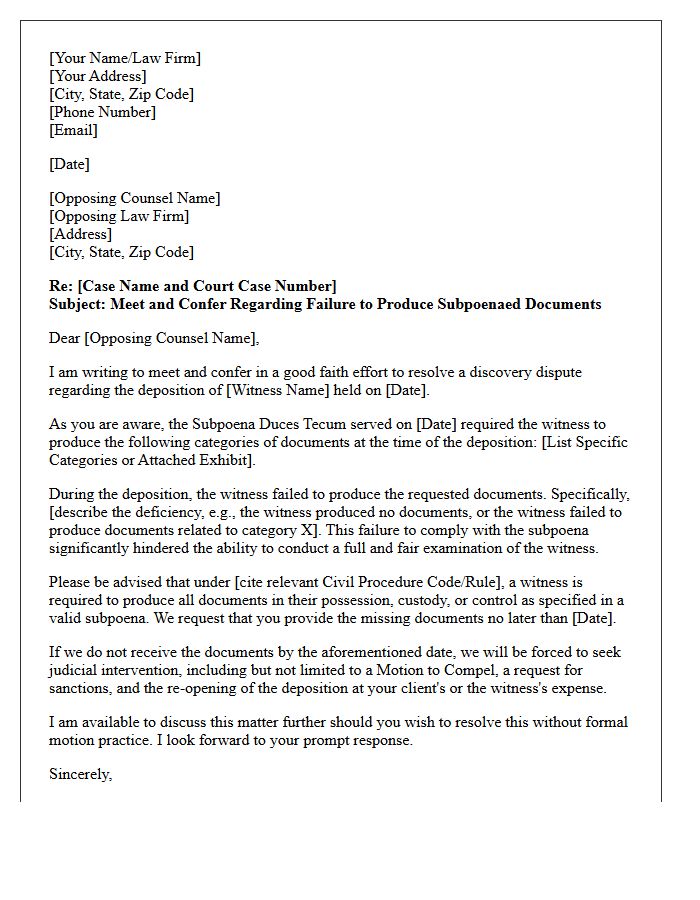 Meet and Confer Letter Regarding Failure to Produce Subpoenaed Documents at Deposition