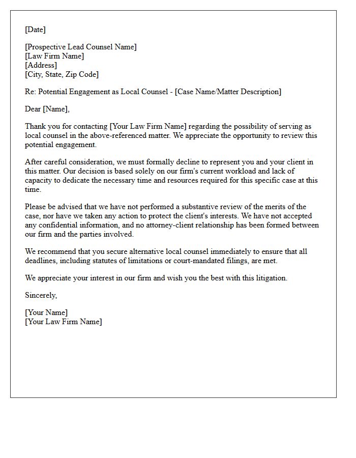 Lack Of Capacity Local Counsel Non-Engagement Letter