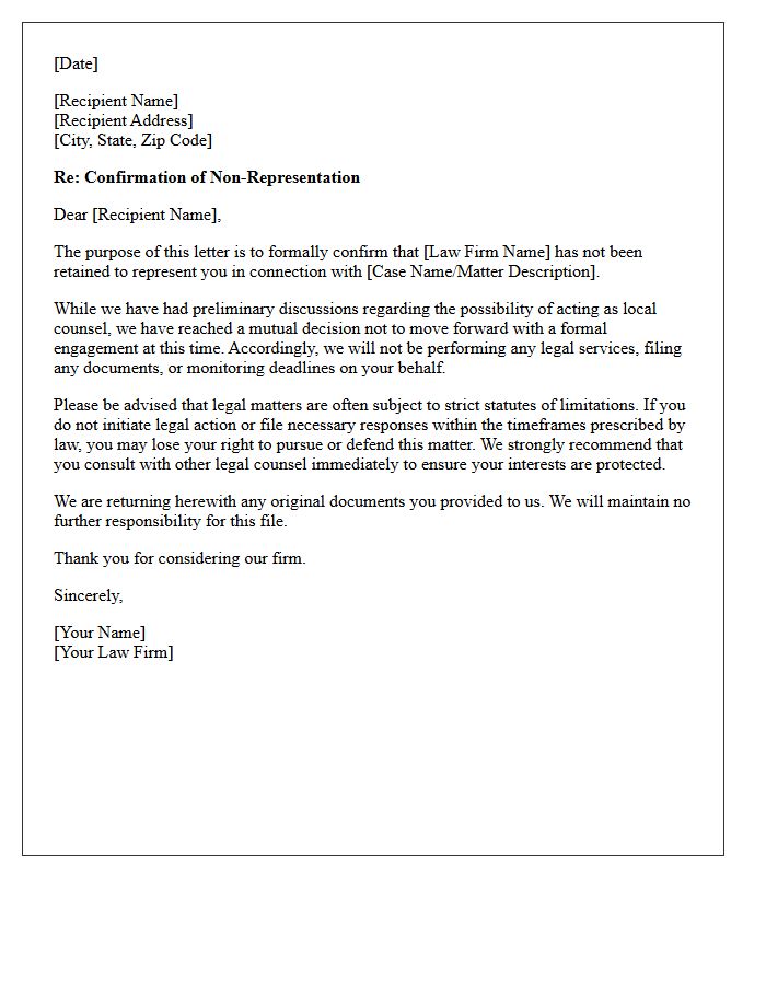 Confirmation Of Non-Representation Local Counsel Letter