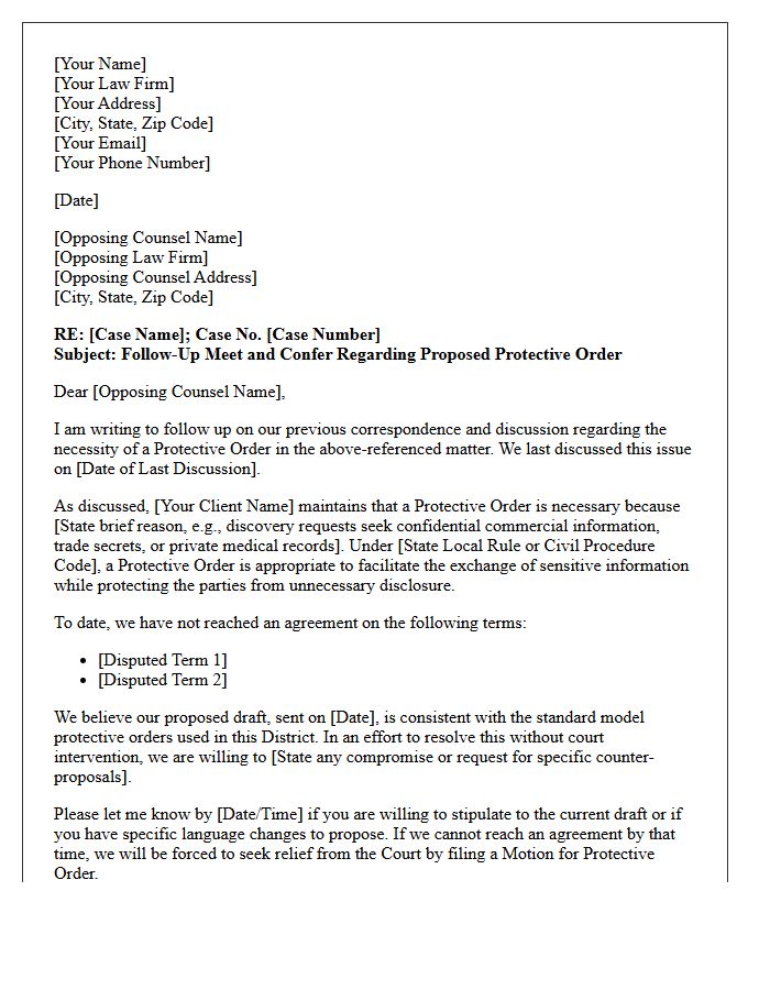 Follow-Up Meet and Confer Letter on Protective Order Necessity