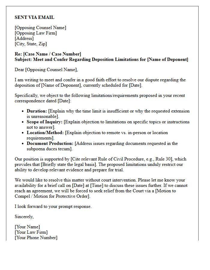 Opposing Counsel Meet and Confer Letter for Deposition Limitations