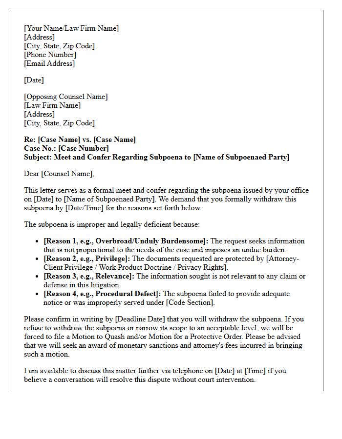 Meet and Confer Letter Demanding Withdrawal of Improper Subpoena